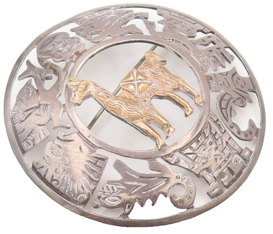 18k GOLD 925 Sterling Silver Vintage Mayan Aztec Symbols Brooch Pin  BP10401