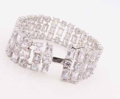 925 Sterling Silver Vintage Bracelet Multi Shape Linked Broad CZ Band  BT10875