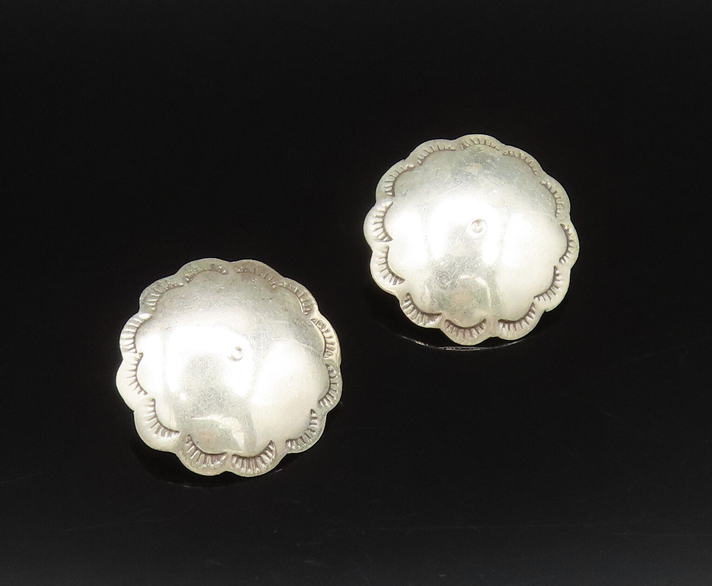 925 Sterling Silver  Vintage Etched Lines Border Dome Earrings  EG12260