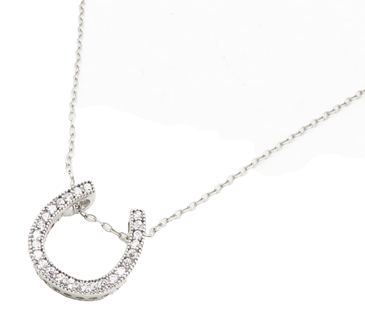 925 Sterling Silver  Shiny Cubic Zirconia Horse Shoe Chain Necklace  NE3135