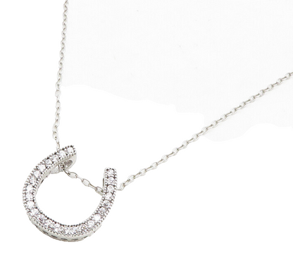 925 Sterling Silver  Shiny Cubic Zirconia Horse Shoe Chain Necklace  NE3135