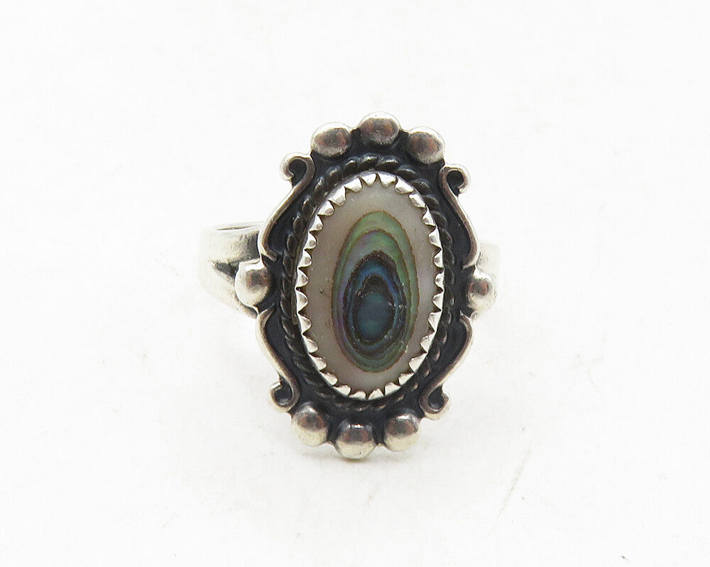 POST BELL TRADING 925 Silver  Vintage Abalone Shell Cocktail Ring Sz 6  RG9775