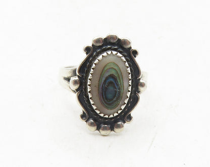 POST BELL TRADING 925 Silver  Vintage Abalone Shell Cocktail Ring Sz 6  RG9775