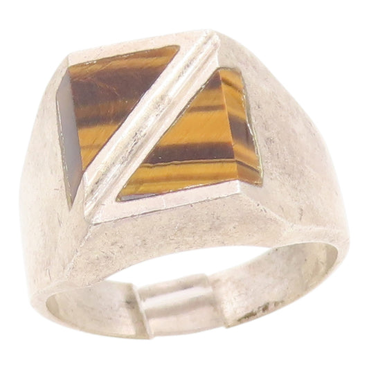 925 Sterling Silver Vintage Ring MEXICO Tiger's Eye Solid Band  Sz 13.5  RG35784