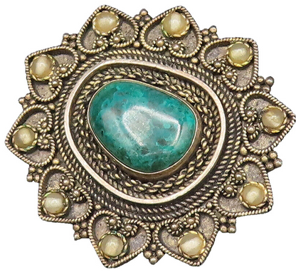 ISRAEL 925 Silver  Vintage Beaded & Twisted Rope Chrysocolla Brooch Pin BP9933
