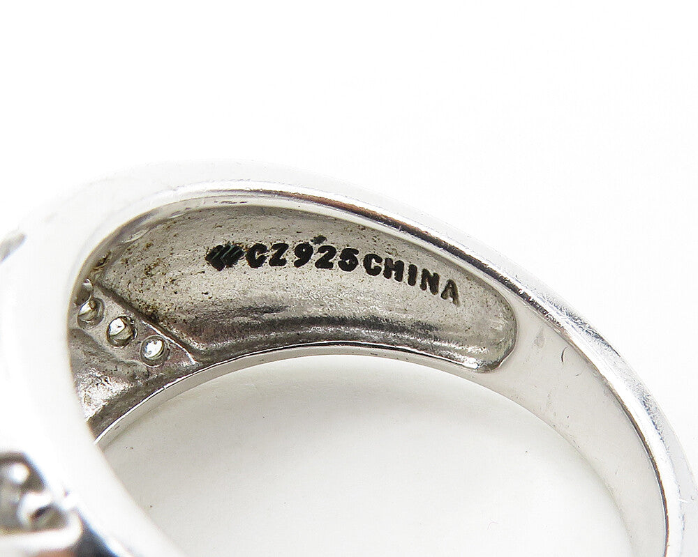 925 Sterling Silver  Shiny White Topaz X Detail Tapered Band Ring Sz 7 RG17104