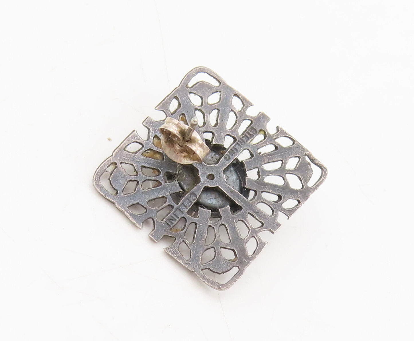 CELLINI 925 Silver  Vintage Antique Filigree Cut Square Onyx Earrings  EG12654