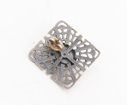 CELLINI 925 Silver  Vintage Antique Filigree Cut Square Onyx Earrings  EG12654