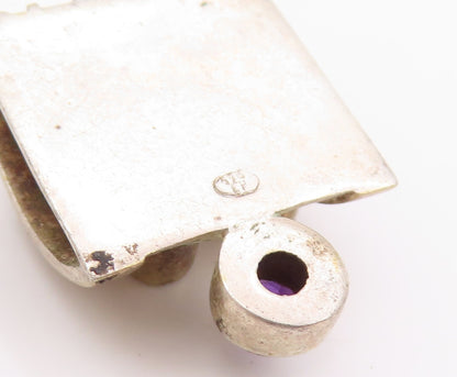 925 Sterling Silver Vintage Pendant Antique Grooved Design Amethyst  PT24451