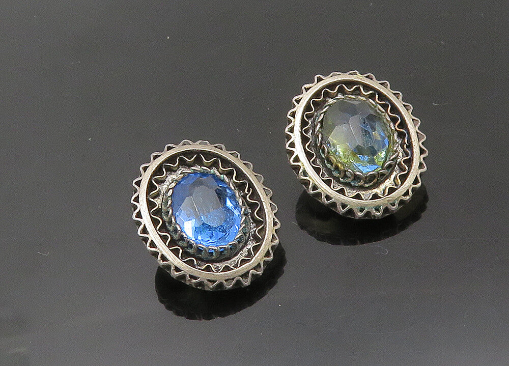 ISRAEL 925 Sterling Silver  Vintage Blue Stone Non Pierce Earrings  EG10726