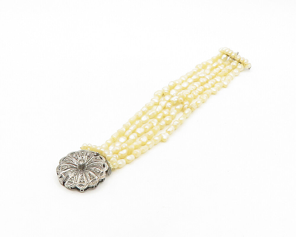 925 Silver Vintage Antique Genuine Diamonds & Pearls Floral Bracelet  BT7696