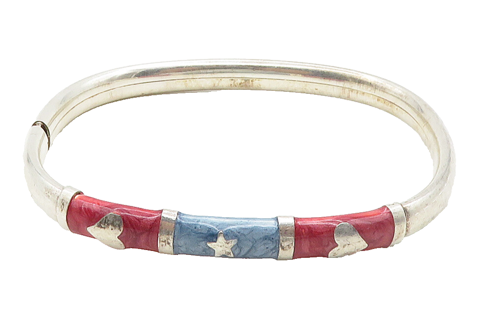 925 Sterling Silver  Vintage Enamel Love Heart Star Bangle Bracelet  BT6167