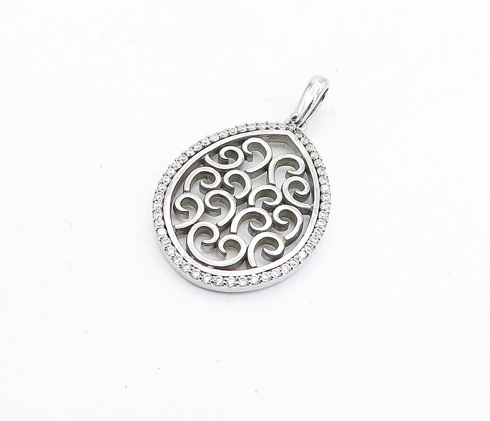 925 Sterling Silver  Vintage Shiny Cubic Zirconia Open Swirl Pendant  PT3686