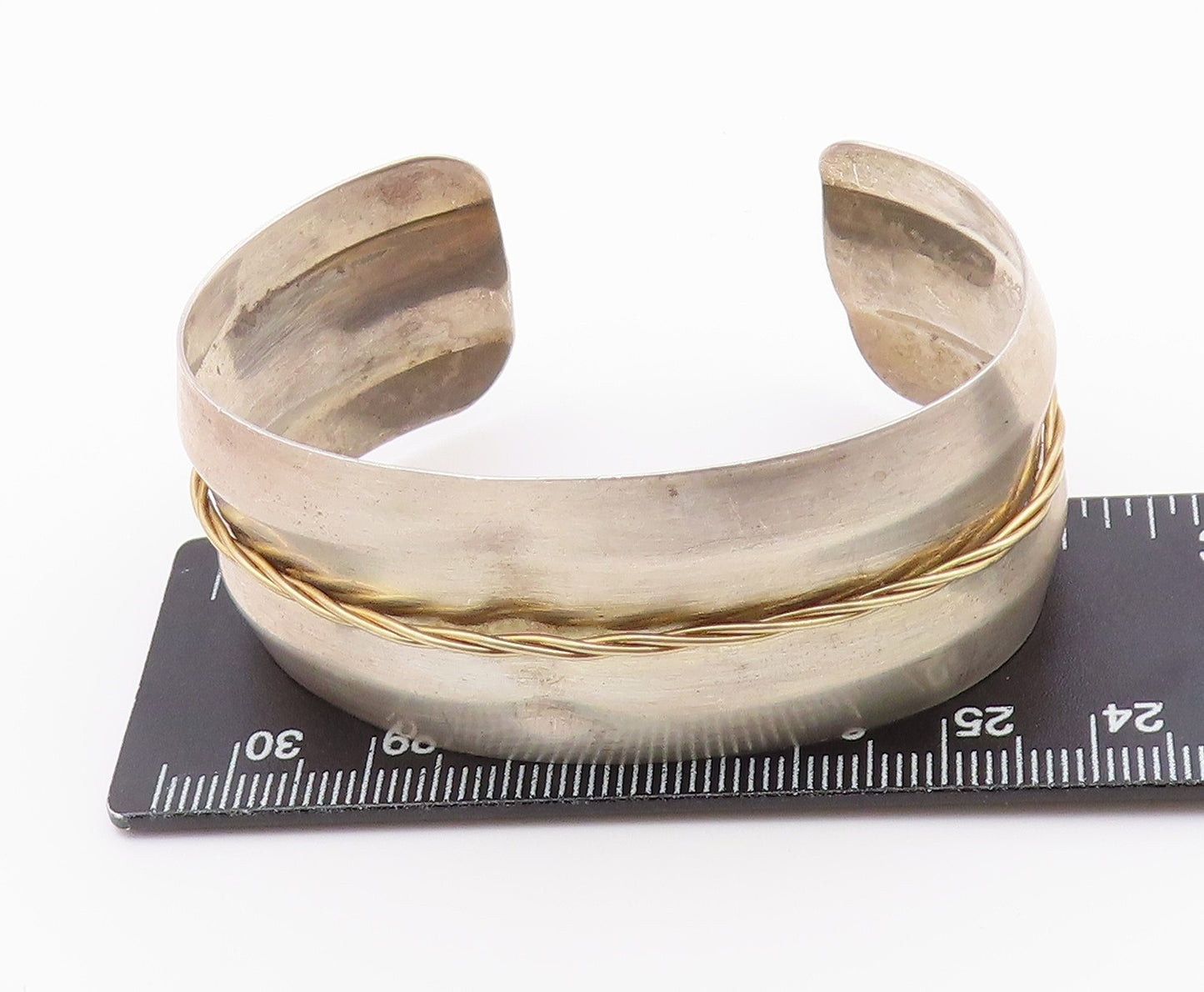925 Sterling Silver  Vintage Shiny Two Tone Rope Twist Cuff Bracelet  BT9330