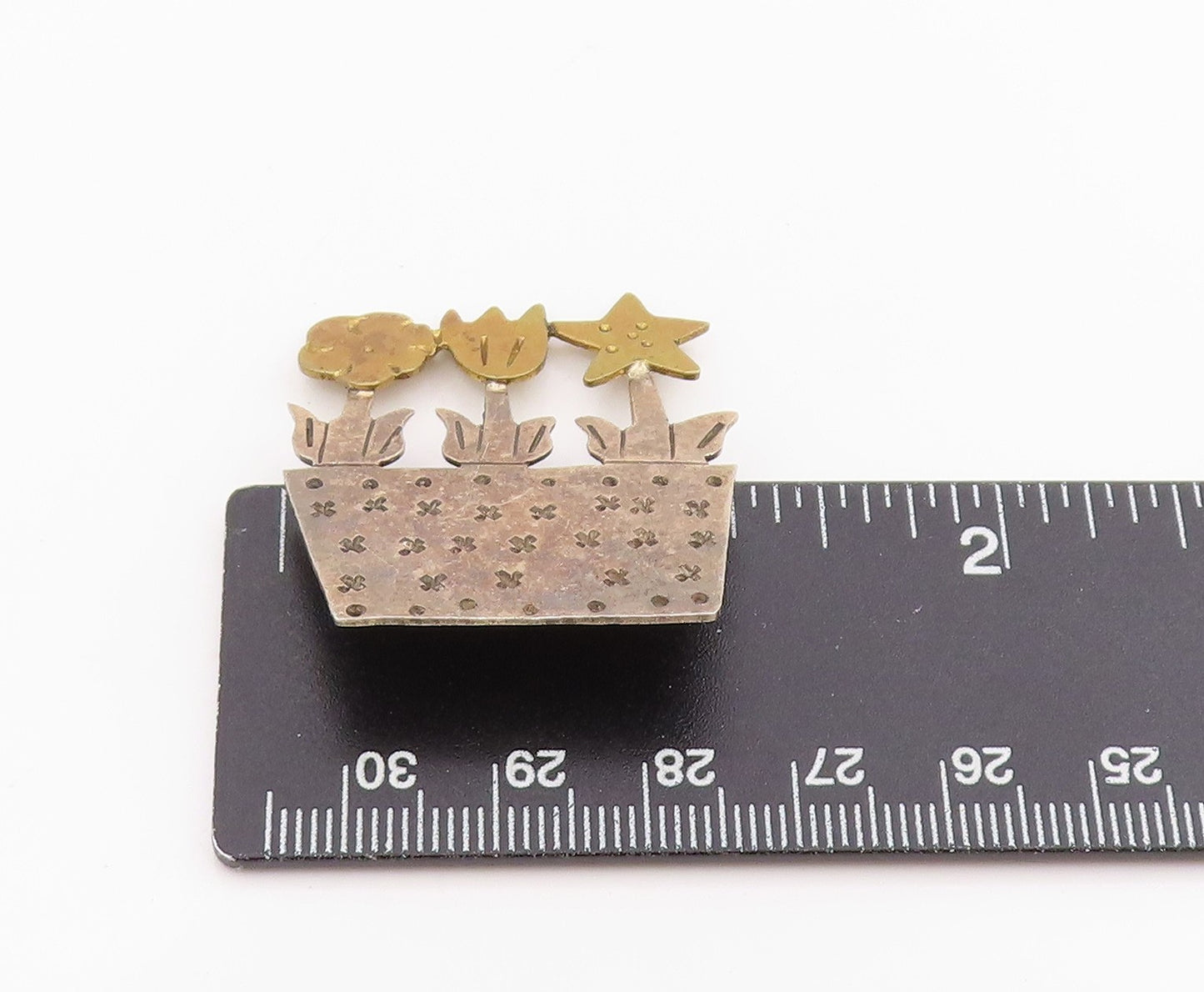 925 Sterling Silver Vintage Brooch Pin Etched Potted Flowers & Star  BP12160