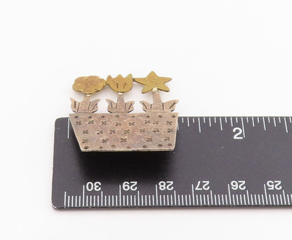 925 Sterling Silver Vintage Brooch Pin Etched Potted Flowers & Star  BP12160