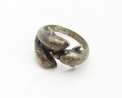 925 Sterling Silver  Vintage Triple Dolphin Motif Band Ring Sz 6  RG18752