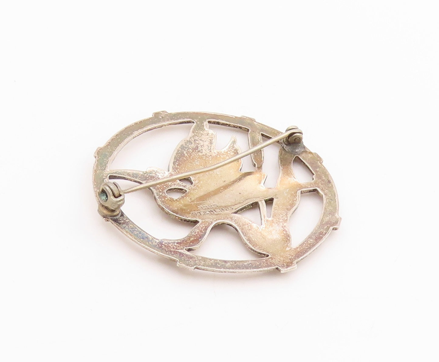 925 Sterling Silver Vintage Brooch BRKS Cutout Framed Bird & Flower  BP11715