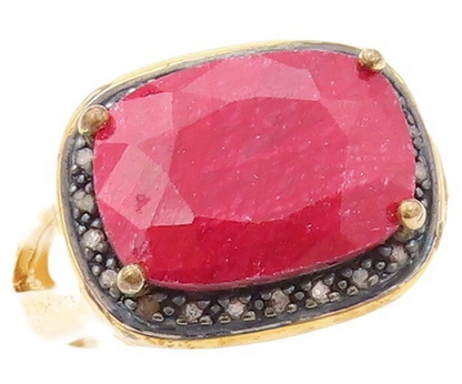 925 Sterling Silver Vintage Ring Gold Plated Diamond Frame & Ruby  Sz 8  RG30199