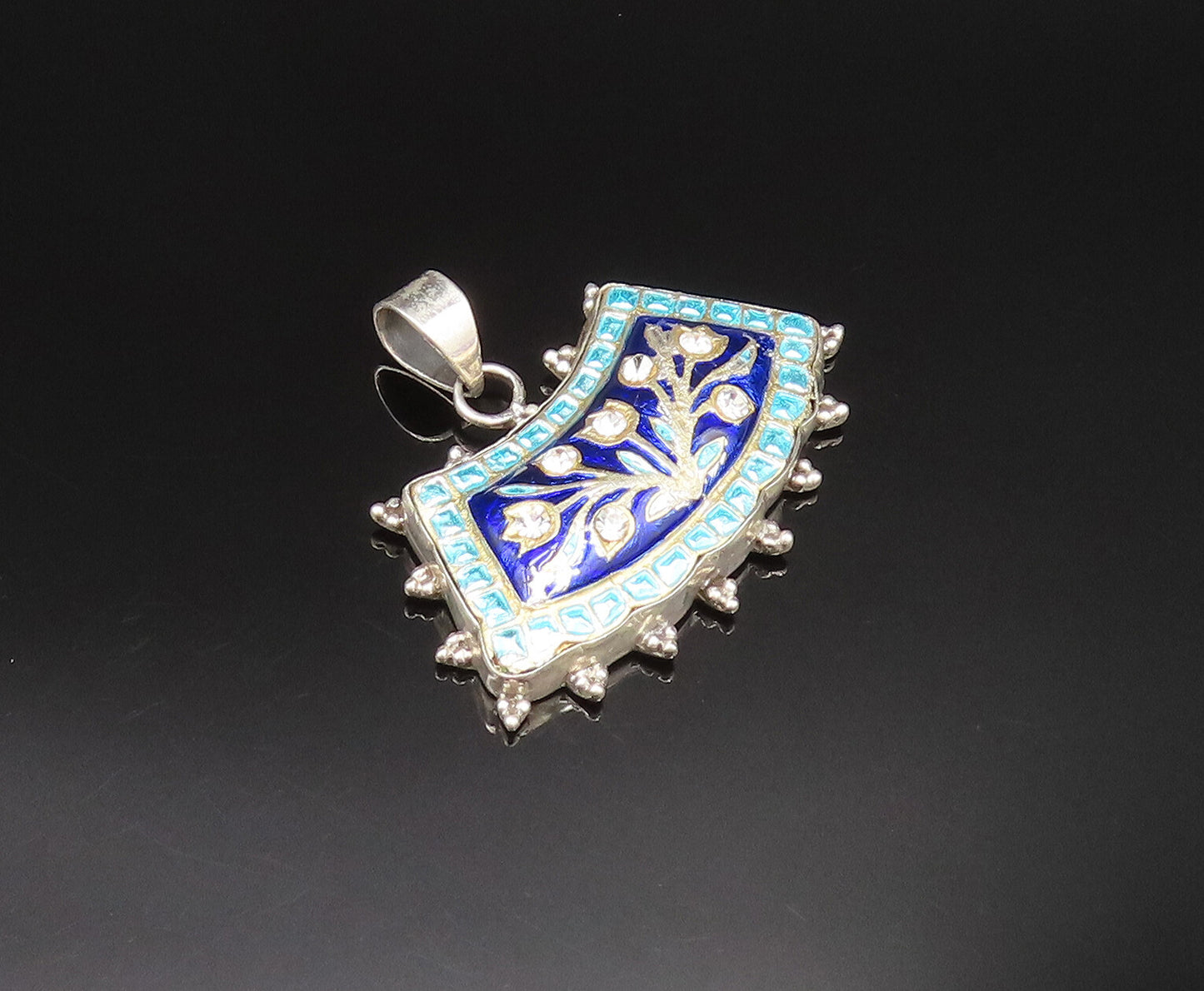 925 Silver  Vintage Double Sided Floral Enamel Cubic Zirconia Pendant  PT21004