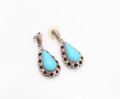 925 Sterling Silver Vintage Earrings MEXICO Cabochon Drop Shape Larimar  EG13477