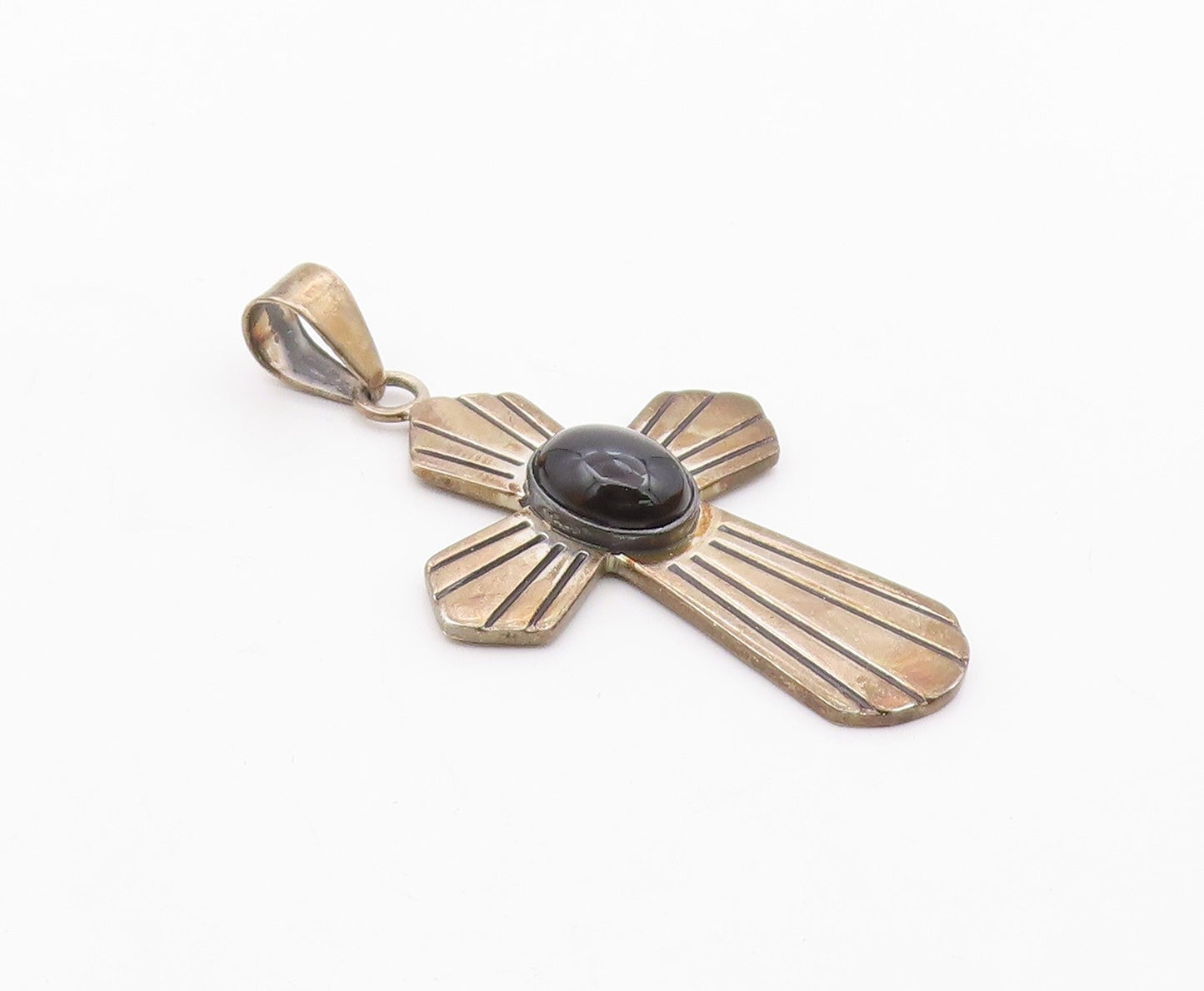 MEXICO 925 Silver  Vintage Cabochon Black Onyx Religious Cross Pendant PT13160