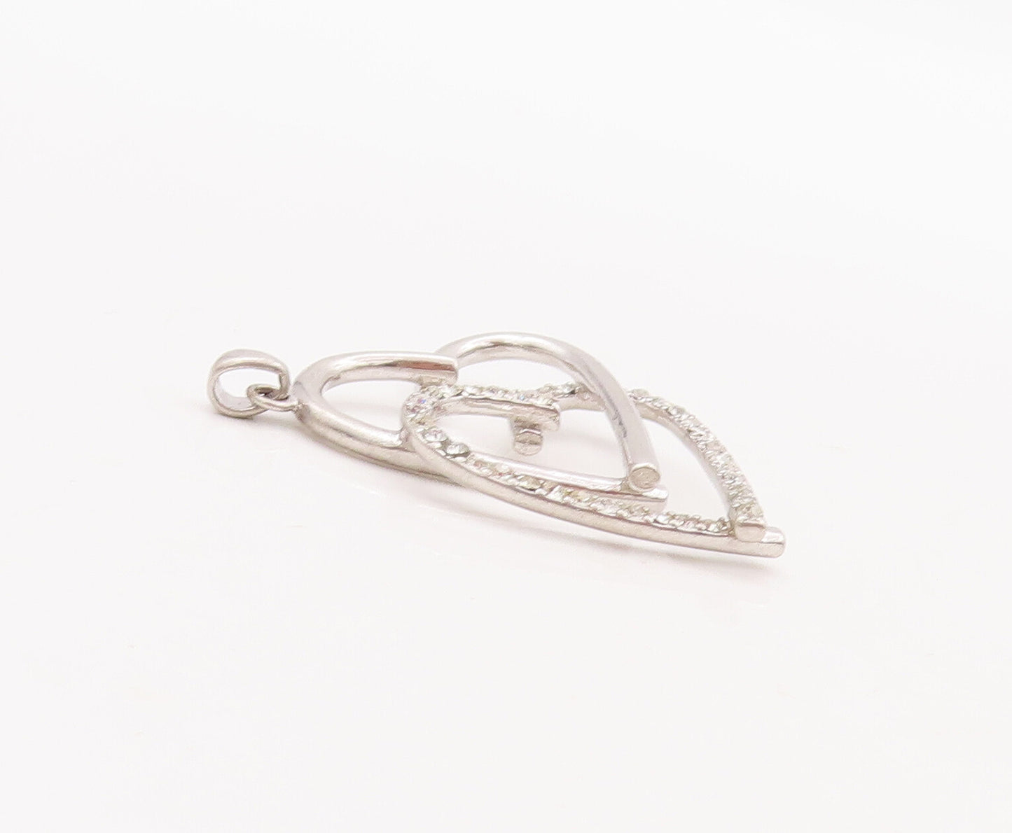 925 Sterling Silver Vintage Pendant CZ Beaded Double Heart Cutout   PT23148