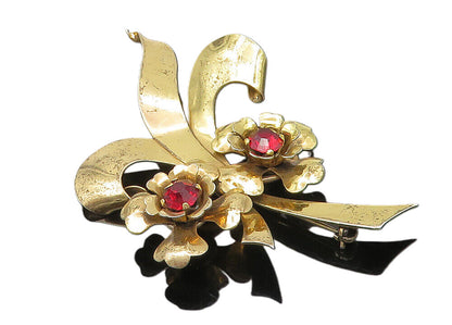 IH 925 Silver  Vintage Red Topaz Shiny Gold Plated Flowers Brooch Pin  BP4291