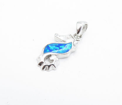 925 Sterling Silver  Inlaid Fire Opal Shiny Petite Seahorse Pendant  PT5696