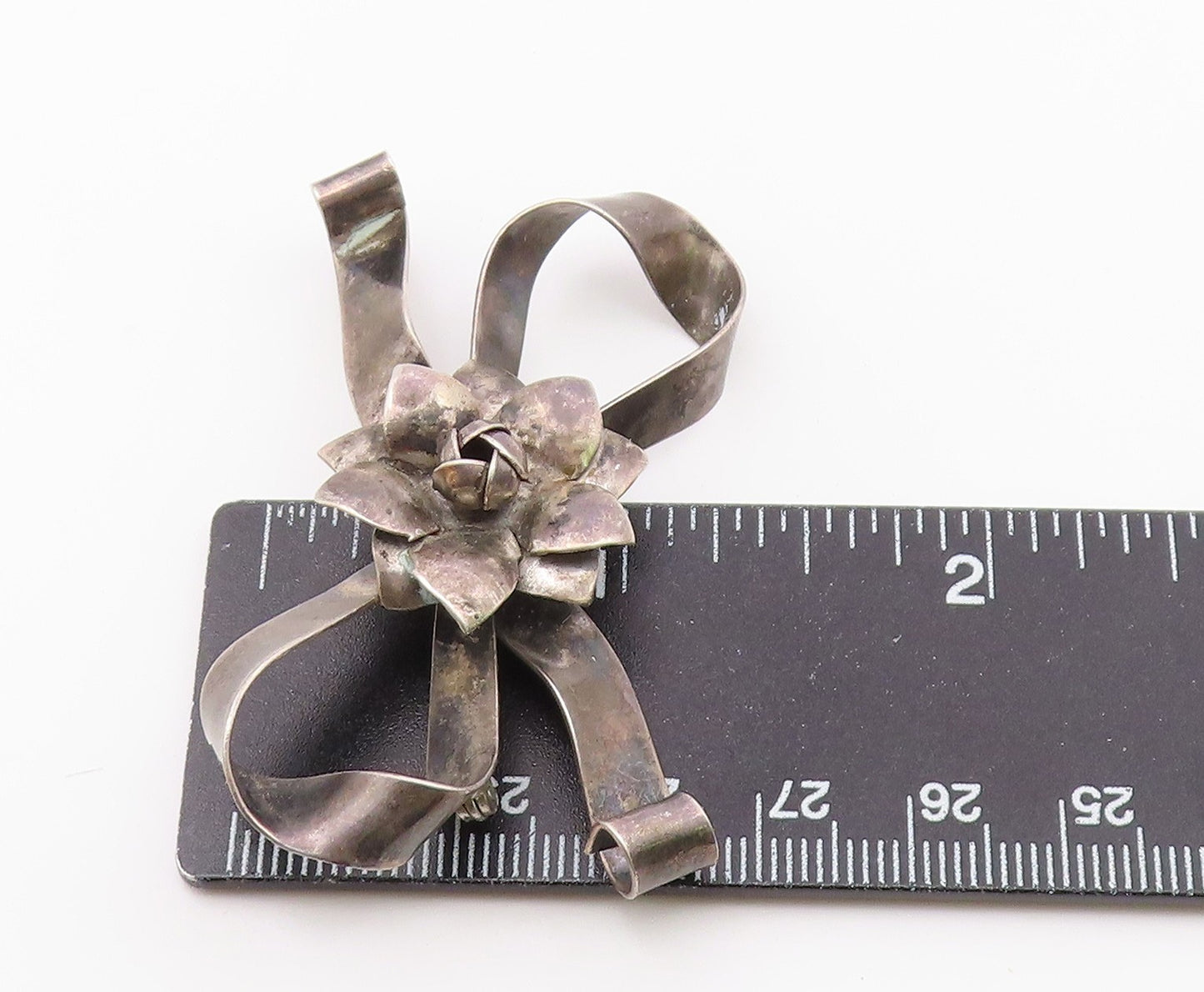 RAFFAELE 925 Silver  Vintage Dark Tone Floral Ribbon Bow Brooch Pin  BP4342