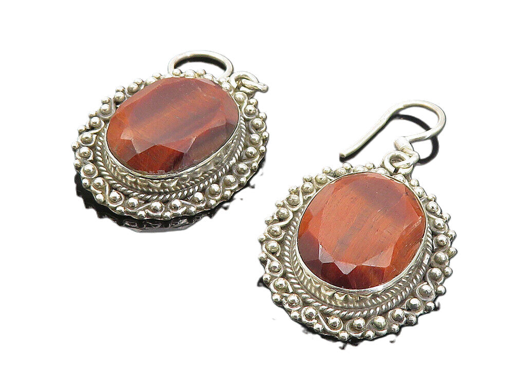 925 Sterling Silver  Vintage Faceted Red Tiger's Eye Dangle Earrings  EG3762