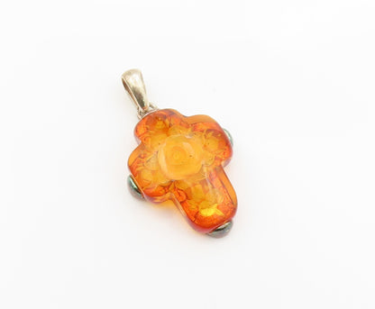 925 Sterling Silver Vintage Pendant POLAND Amber Carved Rose Holy Cross  PT26342