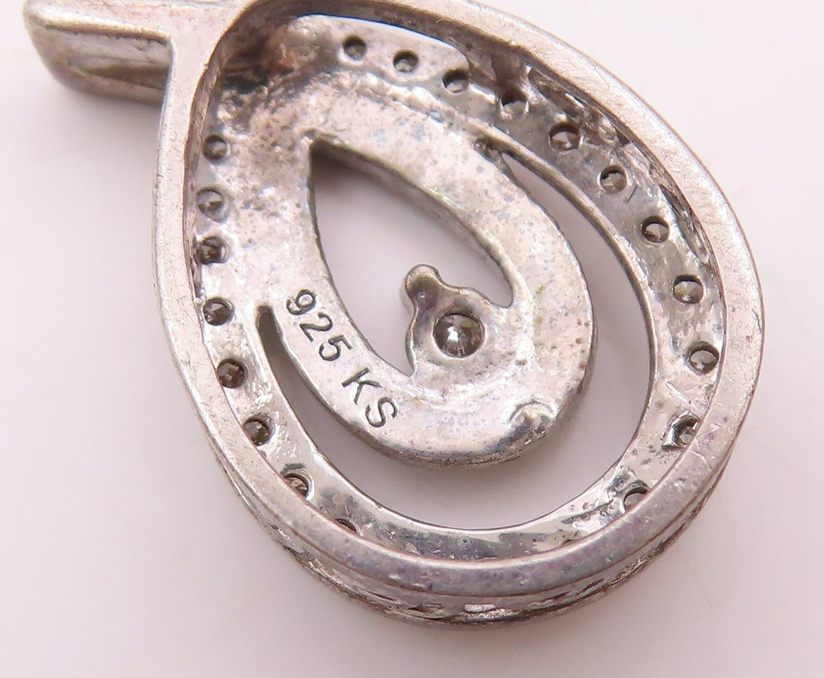 925 Sterling Silver  Vintage Genuine Diamonds Open Tear Drop Pendant  PT19616