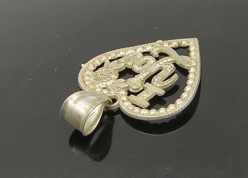 925 Sterling Silver  Vintage Floral I Love You Open Heart Pendant  PT18680