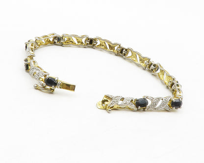 925 Sterling Silver  Sapphire & Genuine Diamonds 2 Tone Chain Bracelet  BT5116