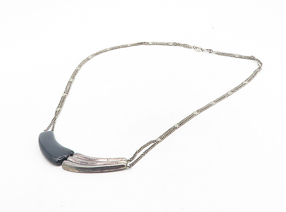 925 Sterling Silver  Vintage Black Onyx Fluted Dark Tone Chain Necklace NE1702