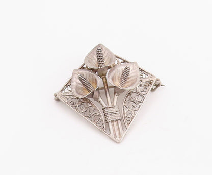 925 Sterling Silver Vintage Brooch Pin Etched Filigree Calla Lily Flower BP12326