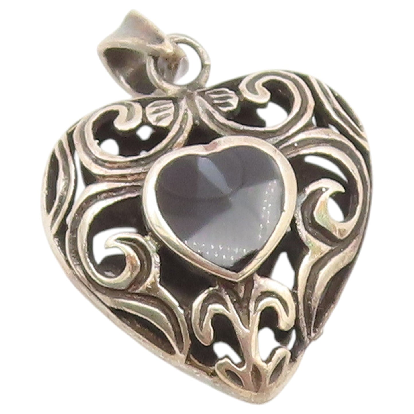 925 Sterling Silver Vintage Pendant Onyx Open Scrollwork Love Heart  PT26544