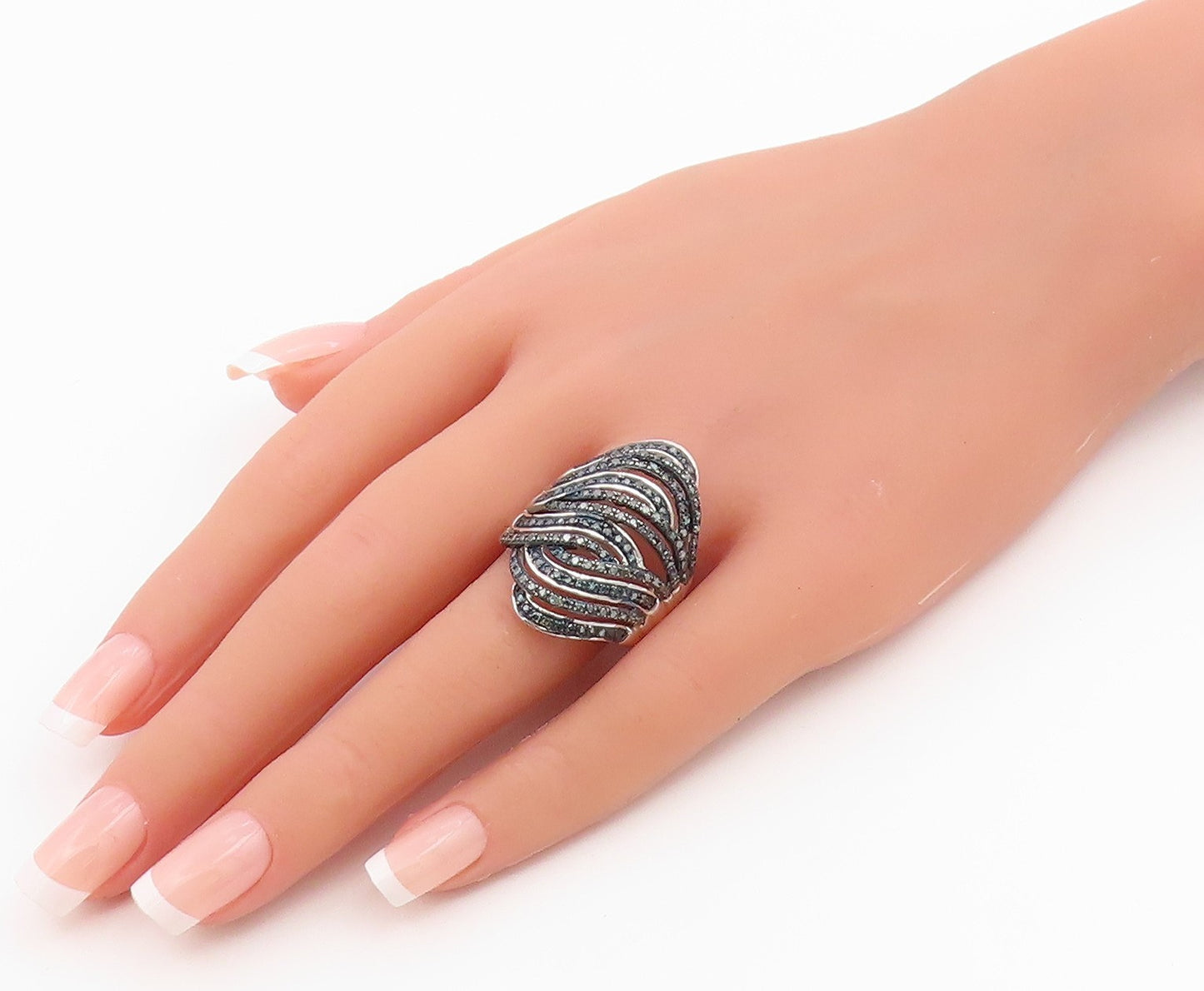 925 Sterling Silver Vintage Ring Real Diamonds Crossover Wave  Sz 9  RG36489