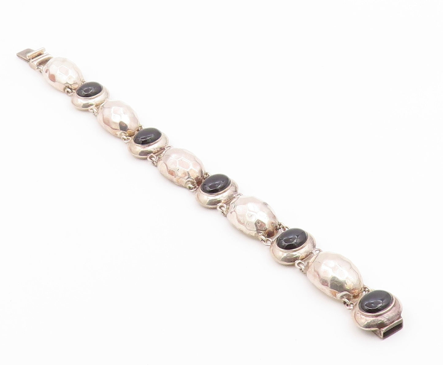 925 Sterling Silver Vintage Bracelet Black Onyx Hammered Puffy Dome Link BT12186
