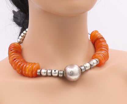 Solid Silver Vintage Heavy Beaded Gemstone Large Heavy Ball Necklace  NE3902