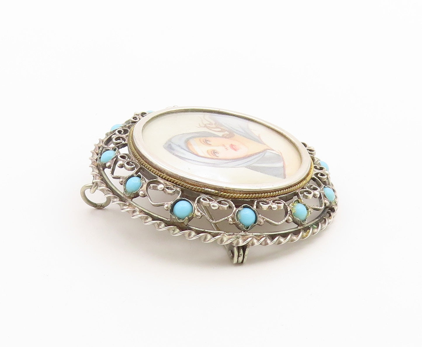 925 Sterling Silver Vintage Brooch Pin Turquoise Openwork Lady Portrait  BP12647
