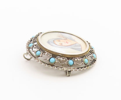 925 Sterling Silver Vintage Brooch Pin Turquoise Openwork Lady Portrait  BP12647