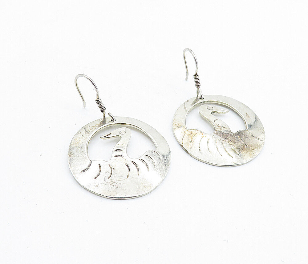 MEXICO 925 Sterling Silver  Vintage Etched Bird Round Dangle Earrings  EG2882