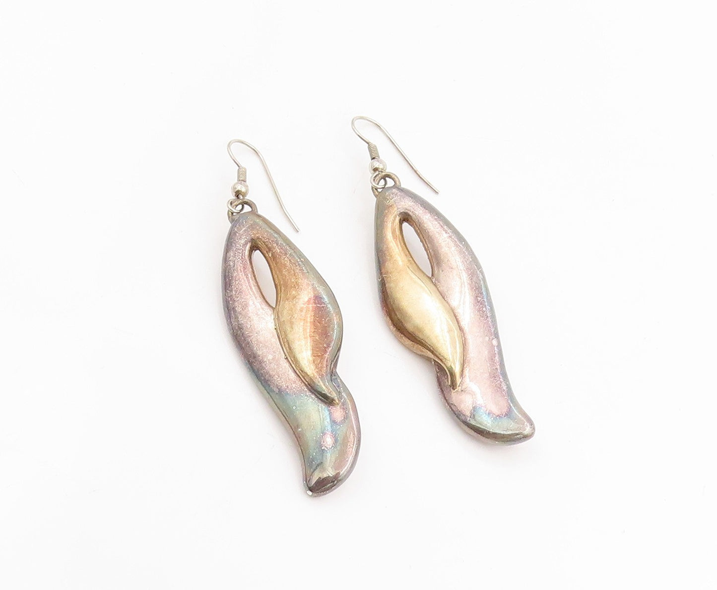 925 Sterling Silver Vintage Earrings Modernist Curvy Wave Design Dangle  EG13750