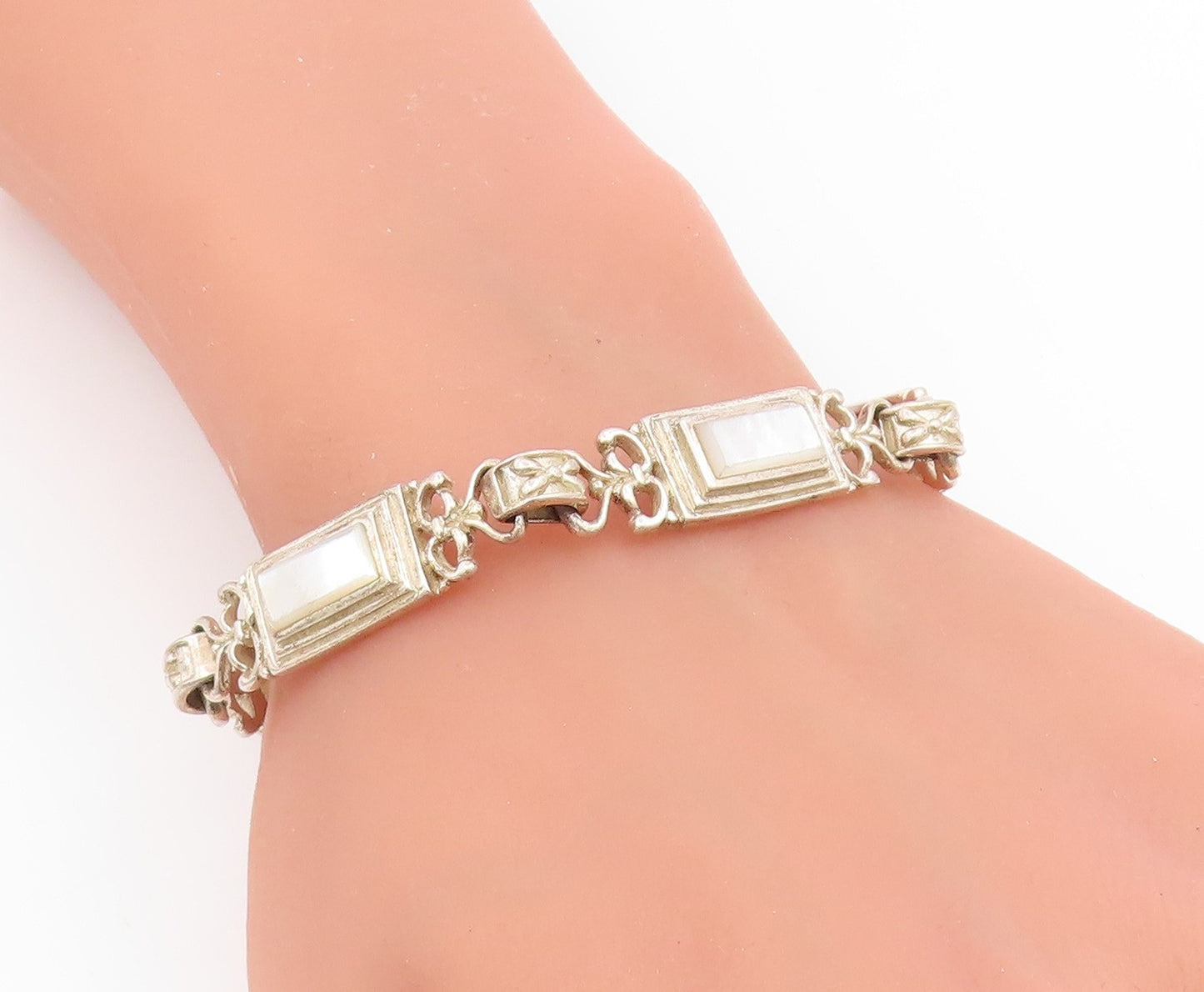 925 Sterling Silver Vintage Bracelet Mother Of Pearl Geometric Panel  BT11933