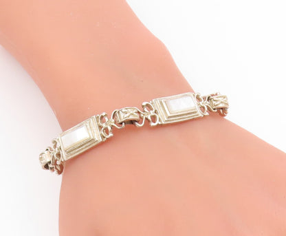 925 Sterling Silver Vintage Bracelet Mother Of Pearl Geometric Panel  BT11933