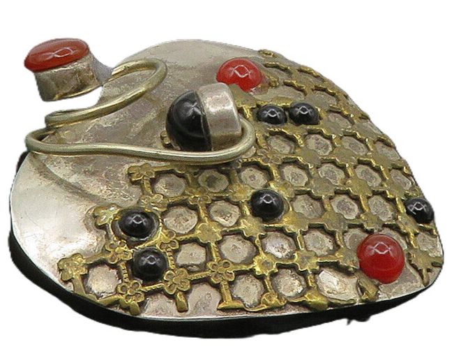925 Sterling Silver  Vintage Black Onyx & Carnelian Heart Brooch Pin  BP4078