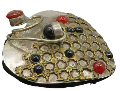 925 Sterling Silver  Vintage Black Onyx & Carnelian Heart Brooch Pin  BP4078