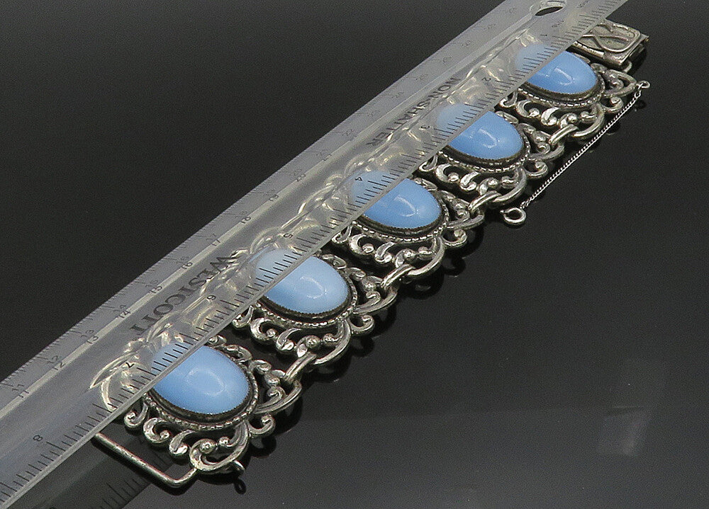 DANECRAFT 925 Sterling Silver  Vintage Blue Glass Swirl Chain Bracelet  BT9171